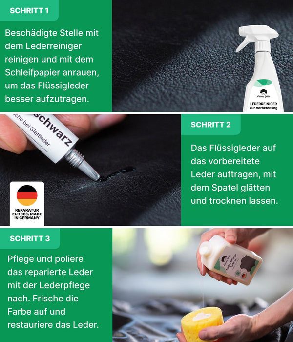 Emma Grün® Leder Reparatur Komplettset mit Reiniger, Flüssigleder & Lederpflege