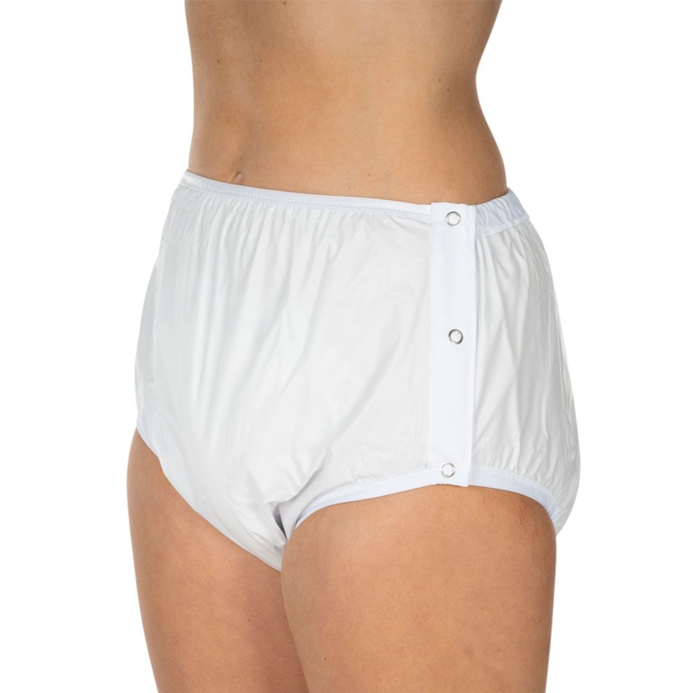 Weiße Inkontinenz-Slip mit Knöpfen an der Seite. PVC-Material, Innenfutter. Seitenansicht.