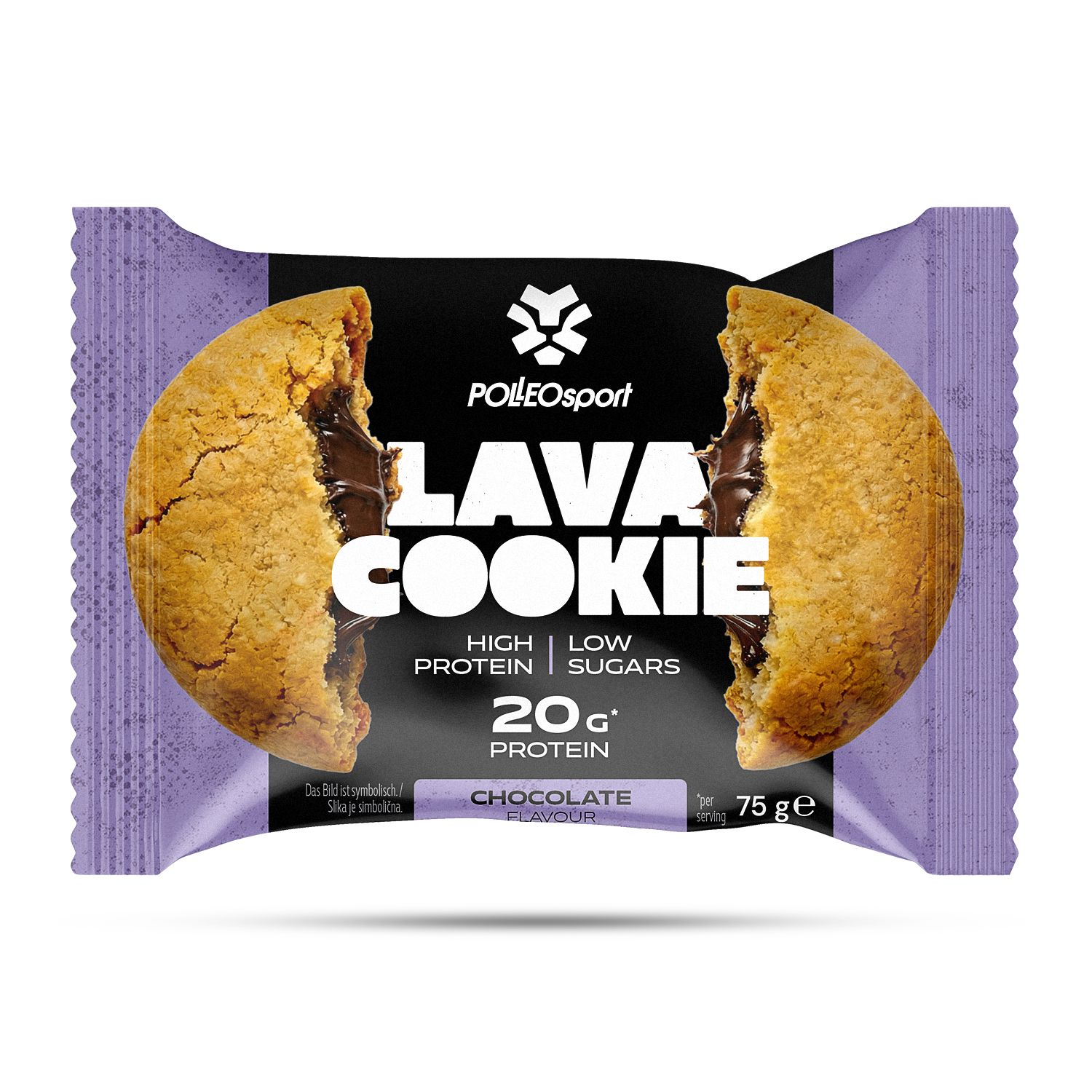 Einzeln verpackter PolleoSport Lava Cookie. Geöffneter Keks mit Schokoladenfüllung. Aufdruck: Lava Cookie, 20g Protein, Chocolate Flavour.