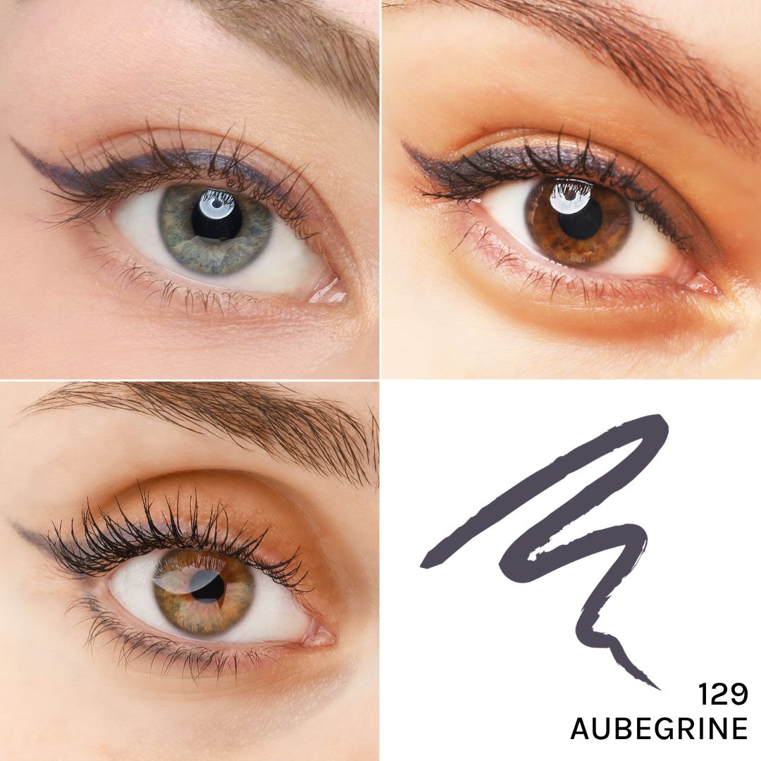 Vier Augen mit Kajal-Eyeliner. Farbton 129 Aubergine. Verschiedene Augenfarben und Lidstriche.