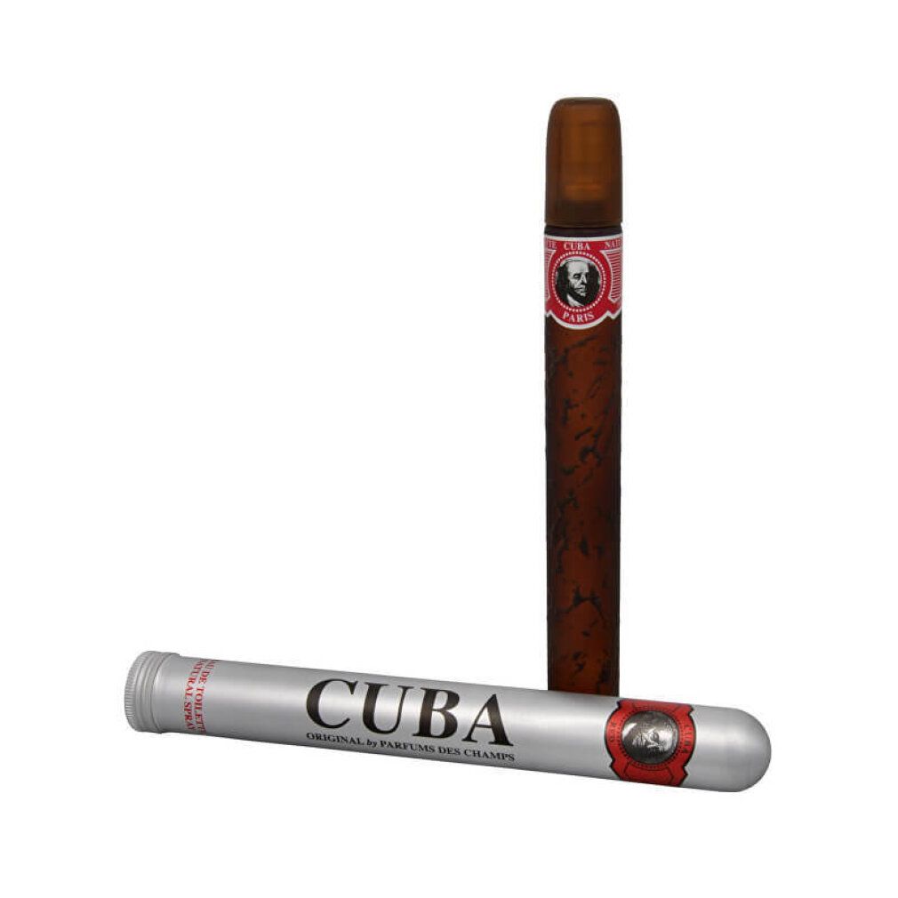 Braune Flasche in Zigarrenform mit roter Banderole. Silberne Hülse mit "CUBA"-Schriftzug. Eau de Toilette.
