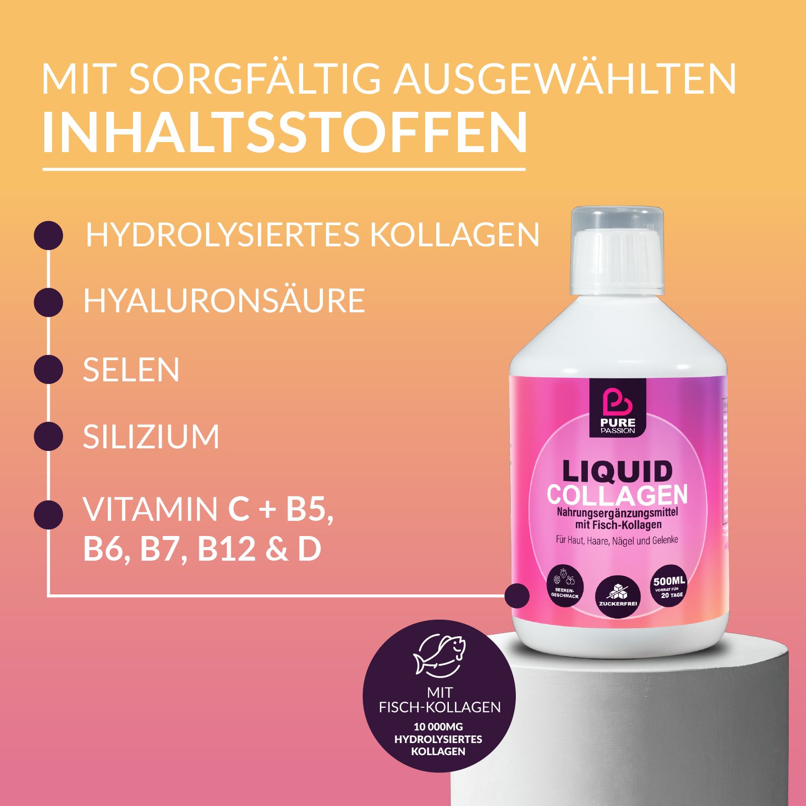 Flasche mit Text: Liquid Collagen. Text: Mit sorgfältig ausgewählten Inhaltsstoffen. Hydrolysiertes Kollagen, Hyaluronsäure, Selen, Silizium.