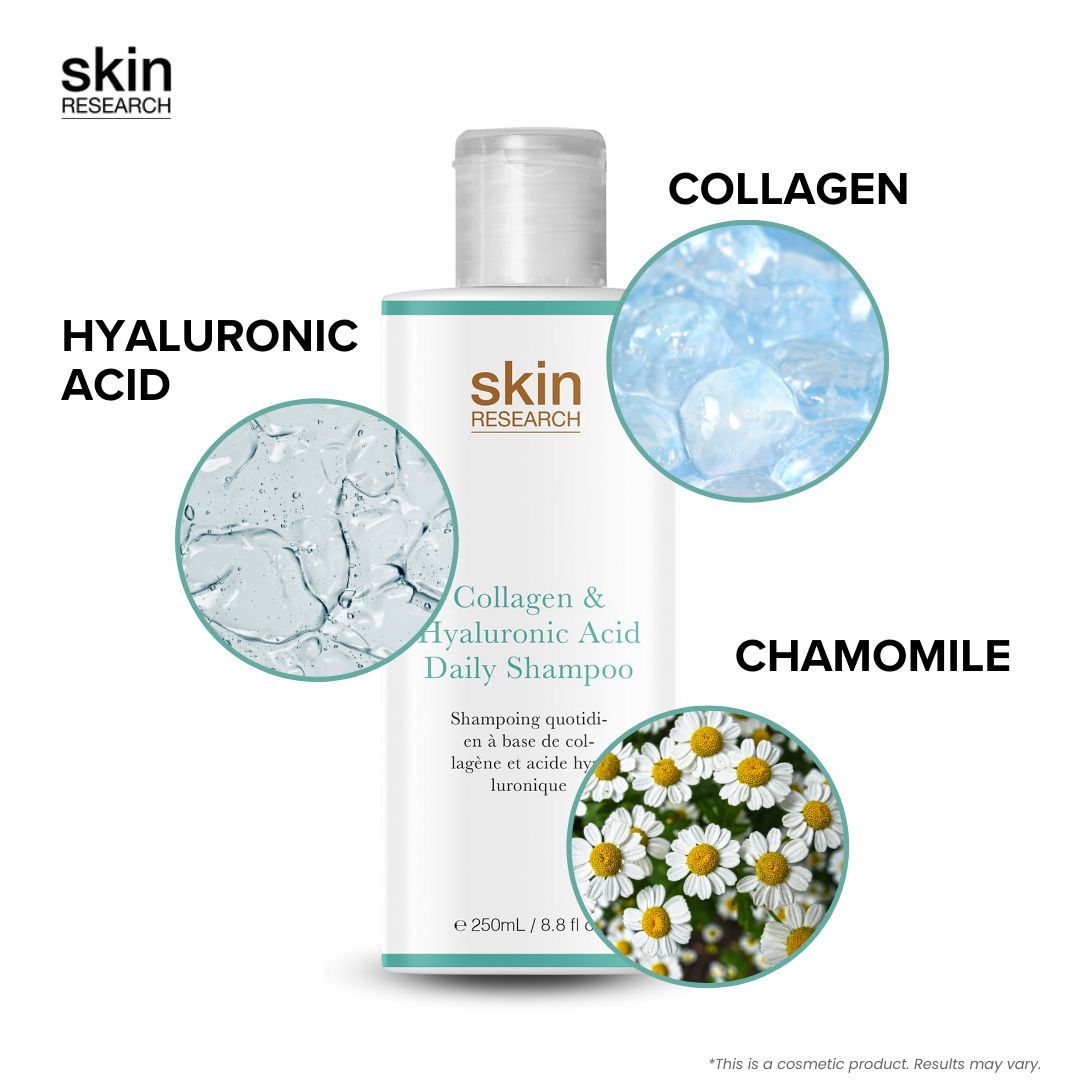 Shampoo-Flasche mit Collagen, Hyaluronsäure und Kamille. Aufschrift: Collagen & Hyaluronsäure Daily Shampoo. Marke: skin RESEARCH.