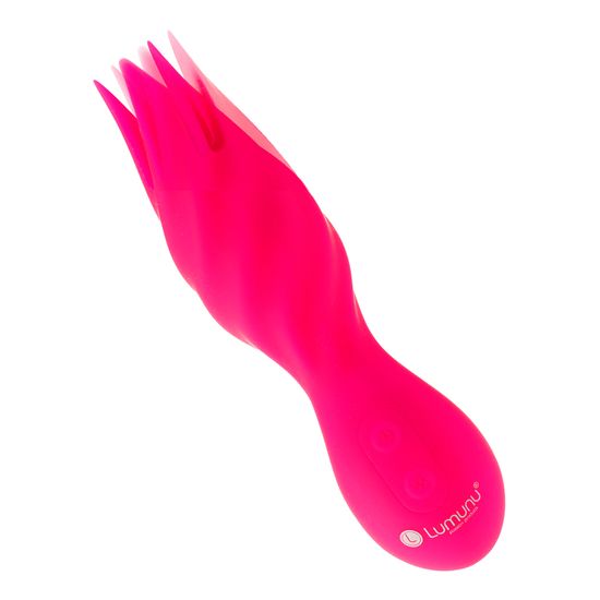 Pinkfarbener Stimulator mit drei Spitzen, leicht schräg. Logo Lumunu.