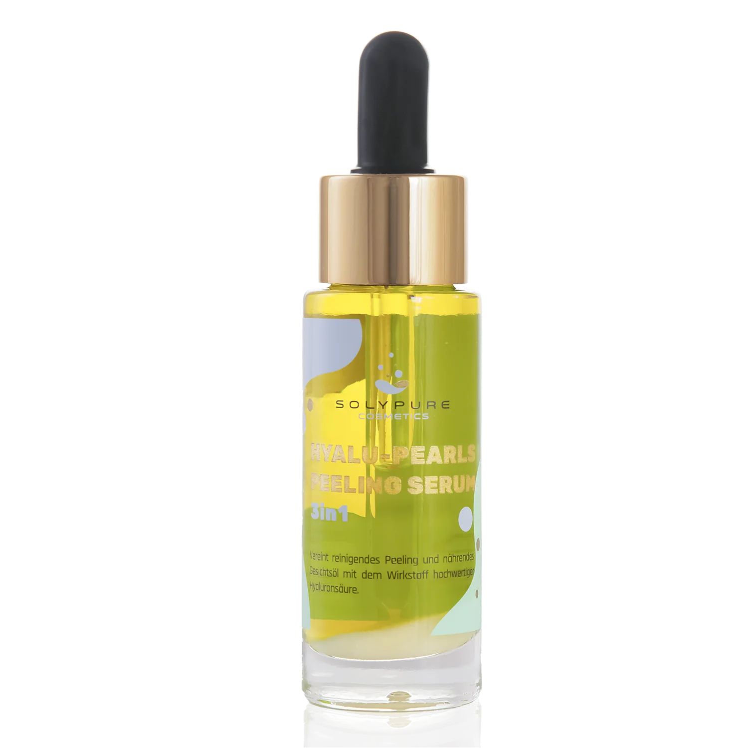 Serumflasche mit Pipette. Aufschrift: HYALU-PEARLS Peeling Serum 3 in 1. Gelbe Flüssigkeit in Glasflasche.