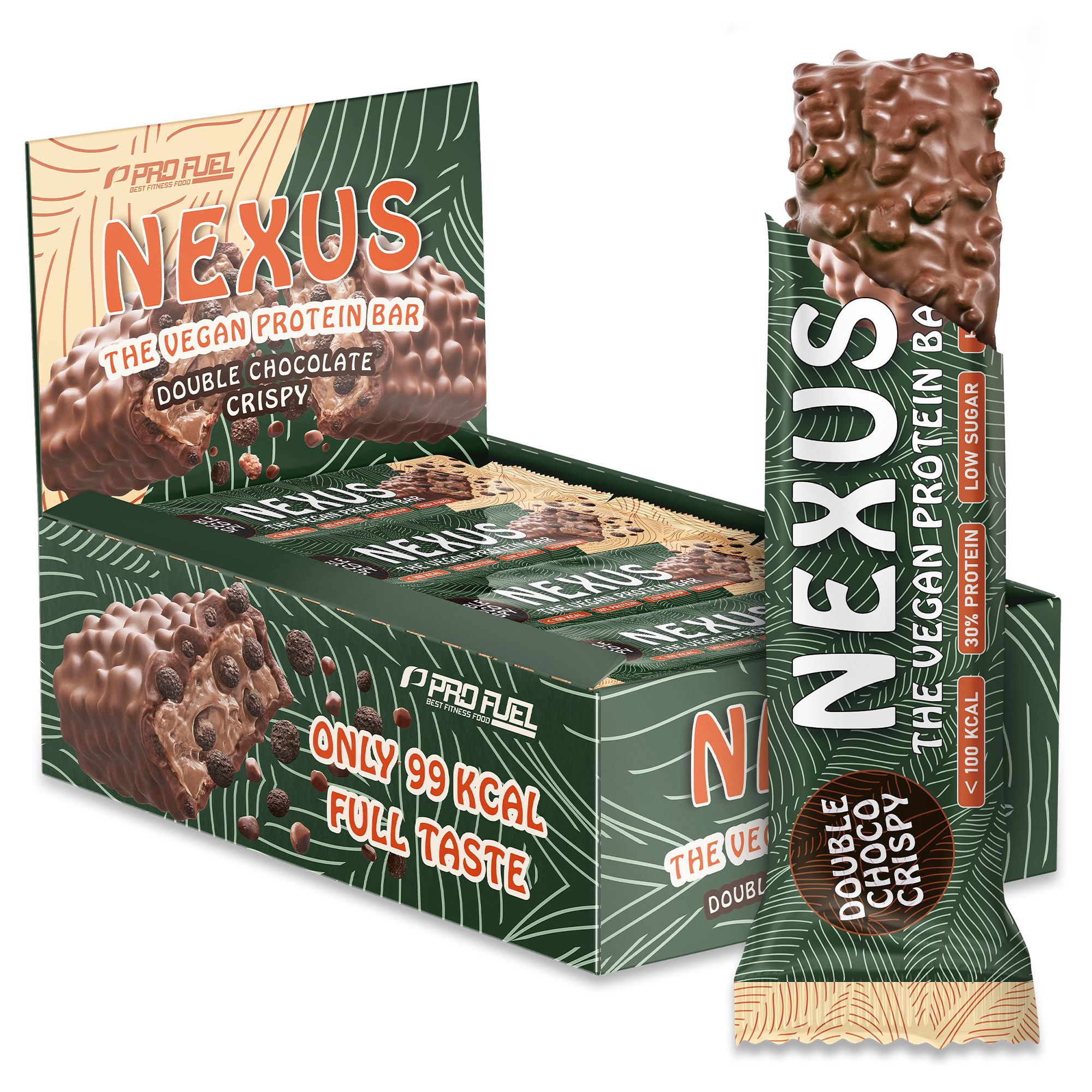 Verpackung mit Proteinriegeln. Einzelner Riegel teilweise ausgepackt. Aufdruck: Nexus, Double Choco Crispy, 30% Protein, <100 kcal.