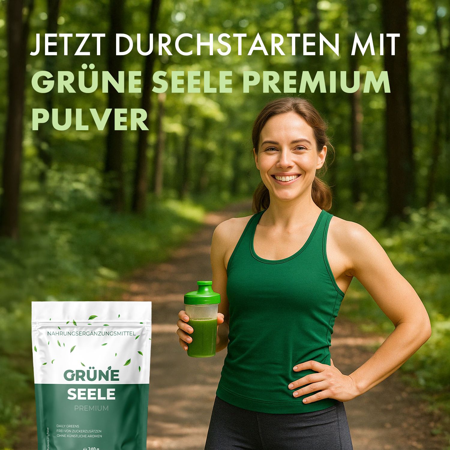 Frau mit einem Shaker hält ein Glas grünes Getränk im Freien. Beutel Grüne Seele Premium Pulver daneben.