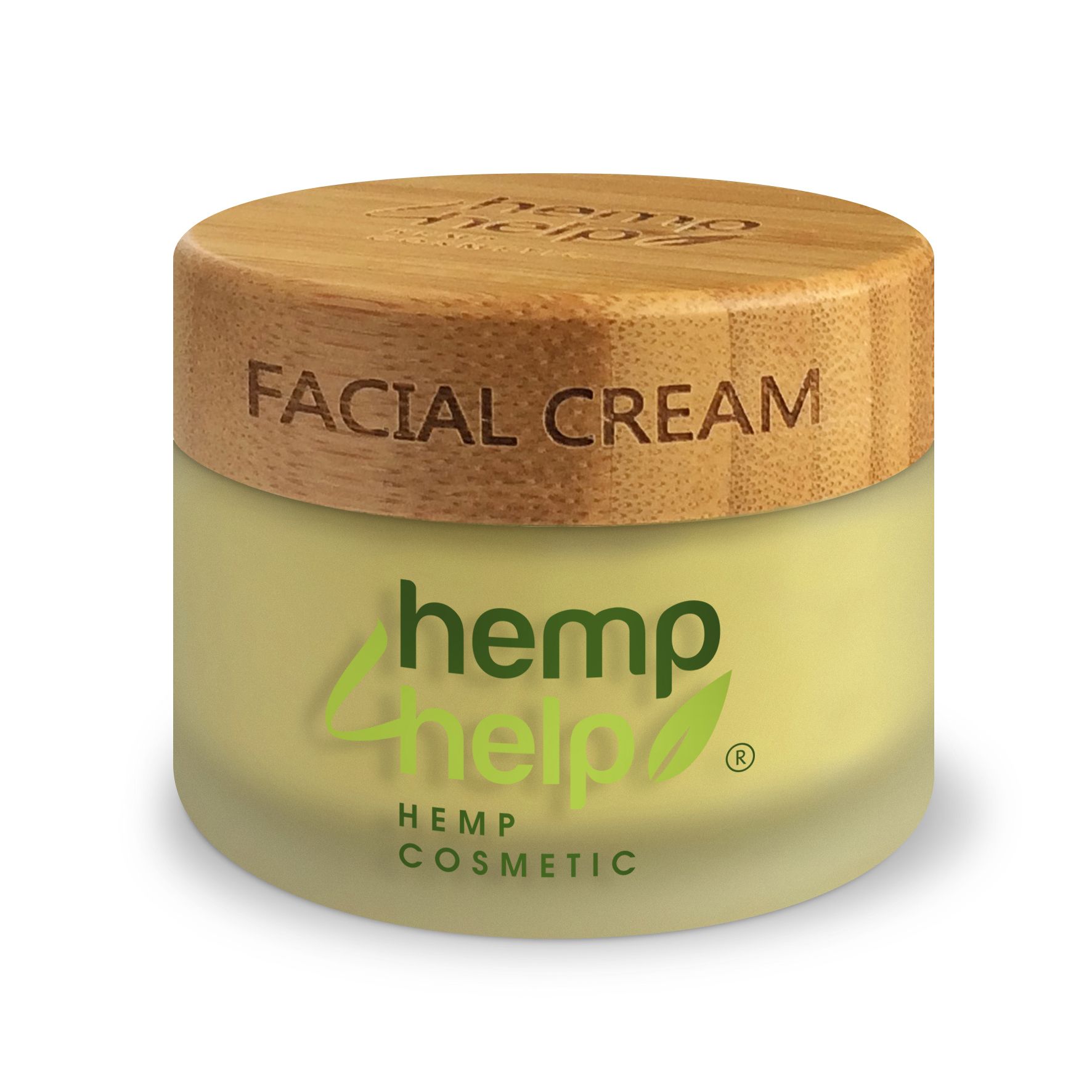 Creme-Tiegel mit Holzdeckel. Aufschrift: Facial Cream. Marke: hemp help. Grüner Schriftzug und Logo. HEMP COSMETIC.