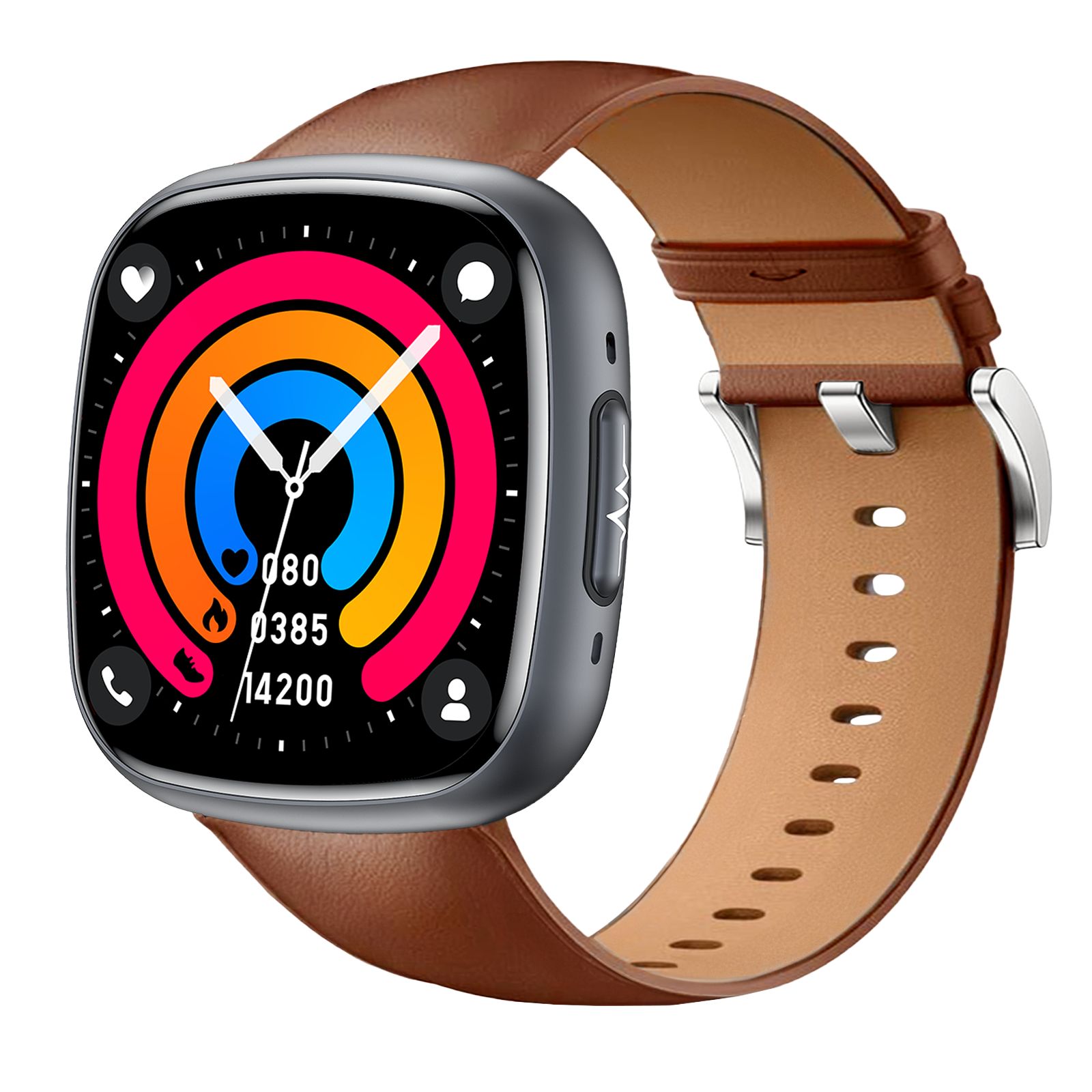 Smartwatch mit braunem Lederarmband. Graues Gehäuse, farbiges Display. Zeigt Kreise und Zahlen an.