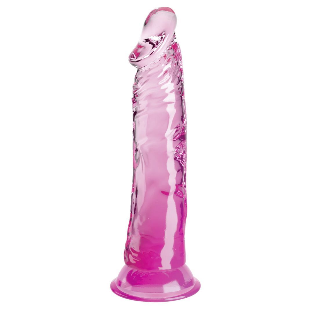 Transparenter, pinkfarbener Dildo mit Saugfuß. Geriffelte Oberfläche, abgerundete Spitze. Auf weißem Hintergrund.