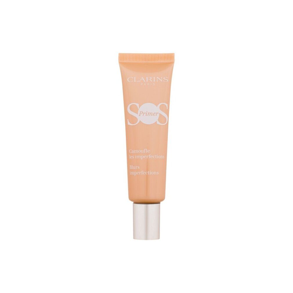 Tube CLARINS SOS Primer Peach. Text: Camoufle les imperfections, blurs imperfections.