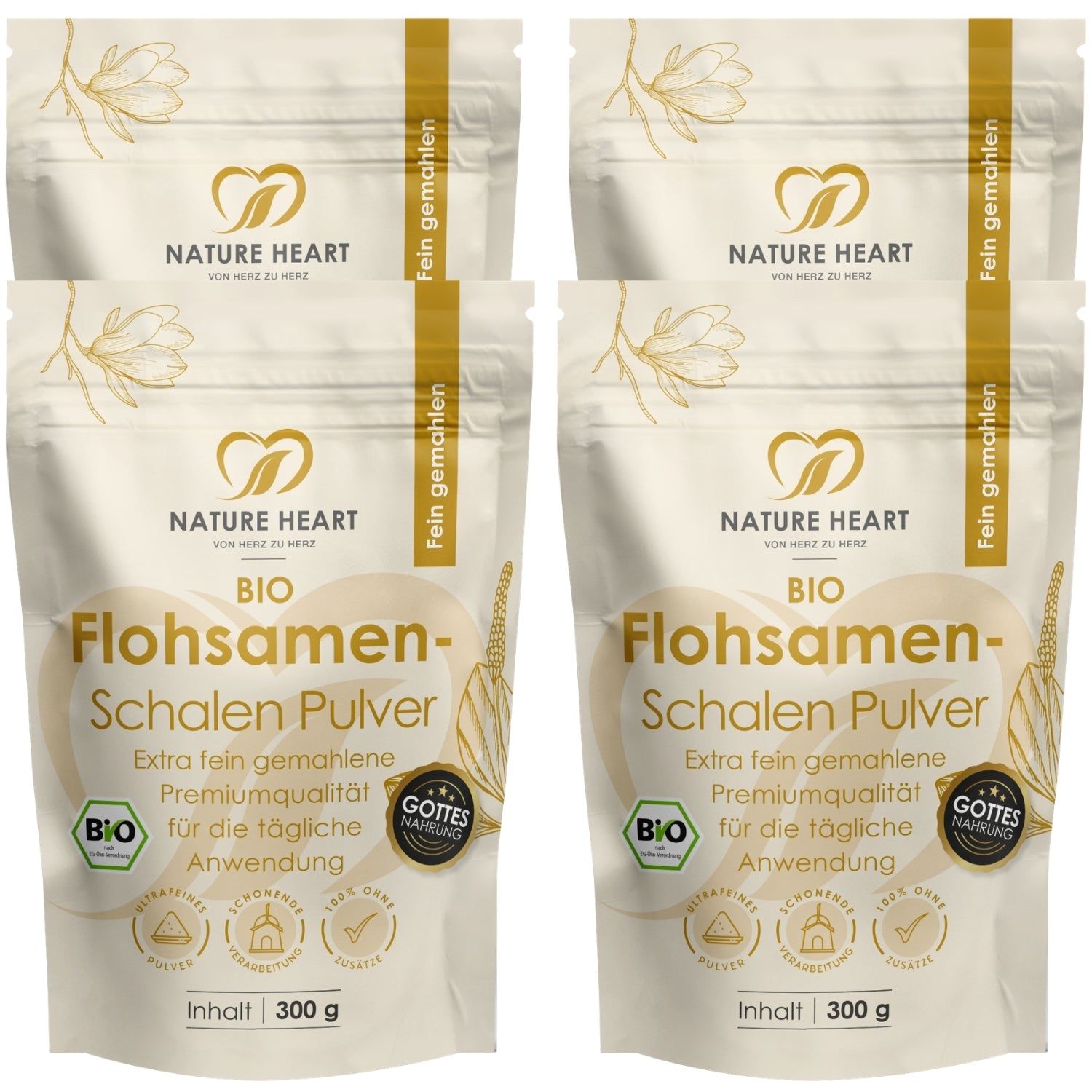Nature Heart Flohsamenschalen BIO 4x300 g Pulver