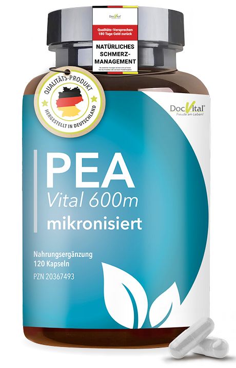 Braune Flasche mit weißen Kapseln. Aufschrift: PEA Vital 600m mikronisiert. Siegel: Qualitaets-Produkt, hergestellt in Deutschland.