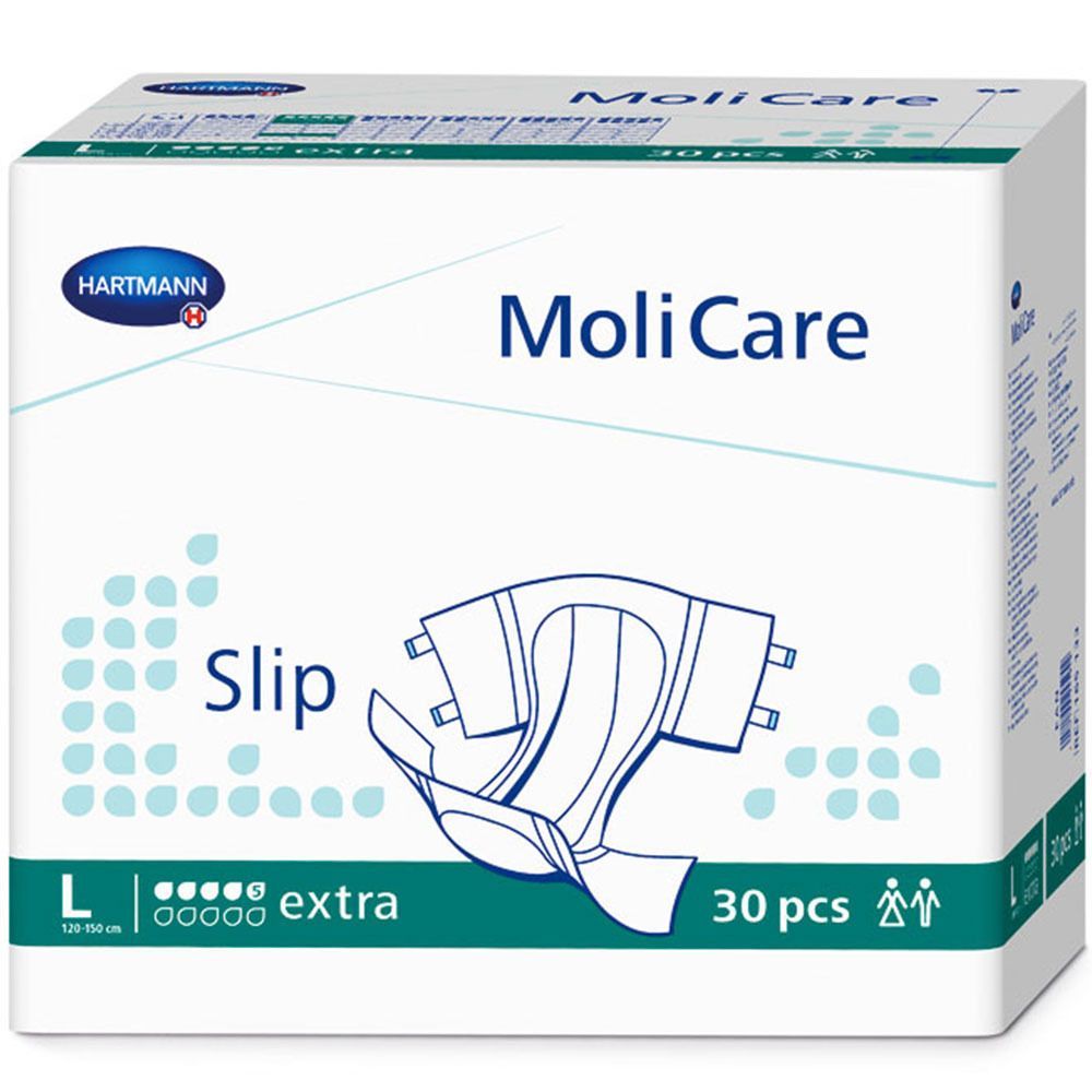 Hartmann MoliCare Slip Extra Gr. L Packung. 30 Stück. Größe L: 120-150 cm. Windel abgebildet.