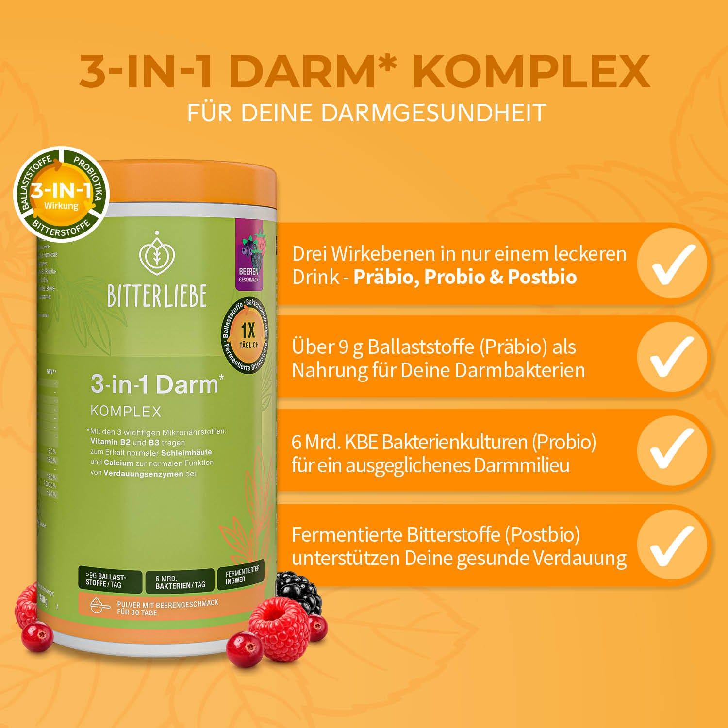 BitterLiebe - 3-in-1 Darm* Komplex - Darmkur Pulver mit 9g Ballaststoffen & Darmbakterien