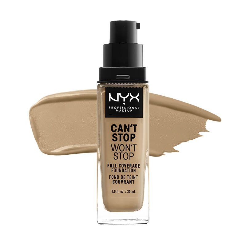 NYX Can't Stop Won't Stop Foundation Flasche mit Pumpspender und beige Make-up-Fleck.