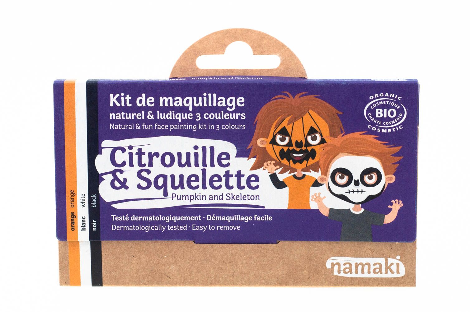 Geschlossene Schminkset-Verpackung mit Illustrationen von Kürbis und Skelett. Text: Citrouille & Squelette, 3 Farben. Namaki-Logo.