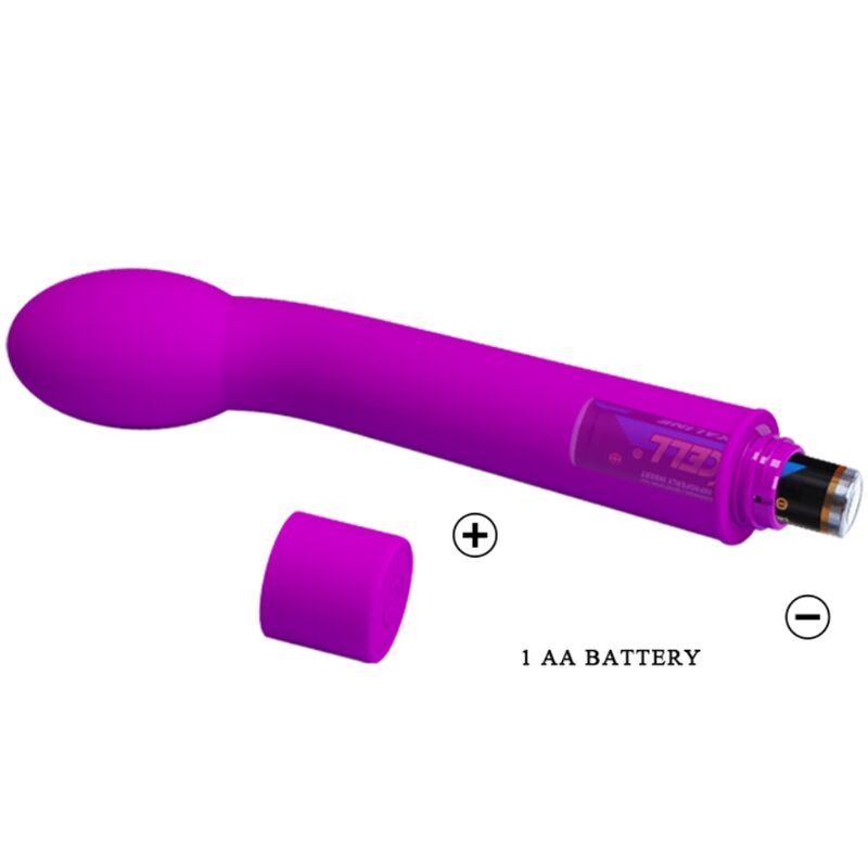 Lila Vibrator mit gebogener Form. Batteriefach mit AA-Batterie. Material: Silikon.