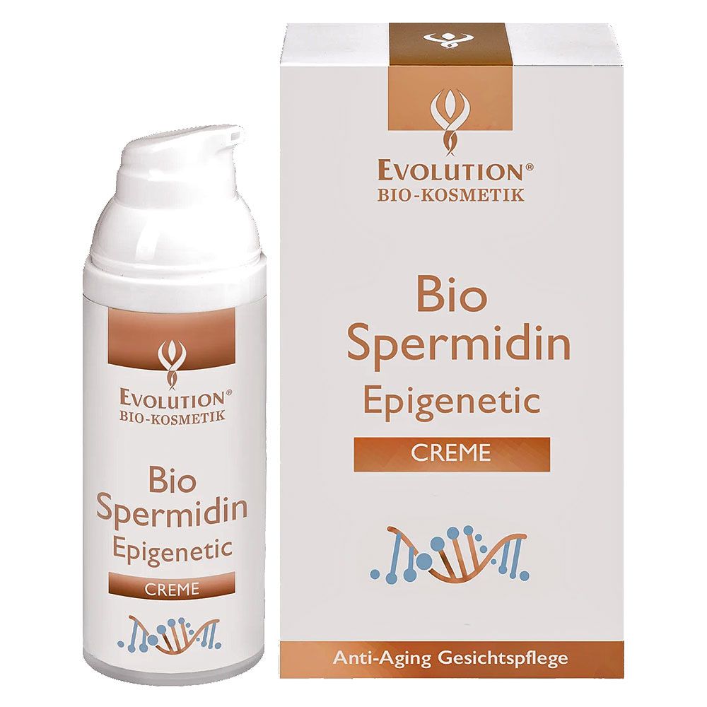 Weiße Creme-Flasche und -Verpackung. Aufschrift: Evolution Bio Spermidin Epigenetic Creme. Anti-Aging Gesichtspflege.