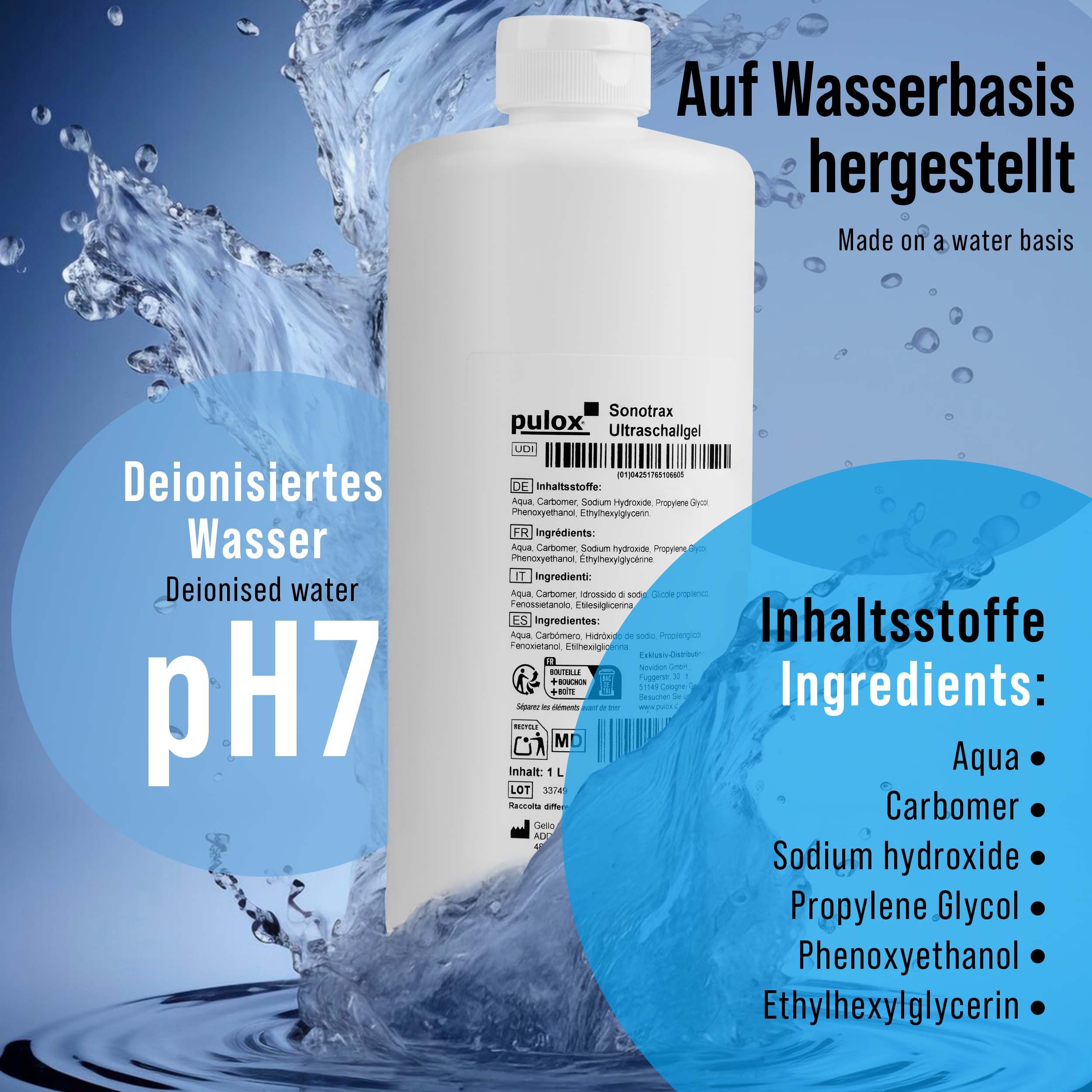 Flasche Sonotrax Ultraschallgel inmitten von Wasserspritzern. Text gibt an: Auf Wasserbasis, deionisiertes Wasser, pH7, Inhaltsstoffe.