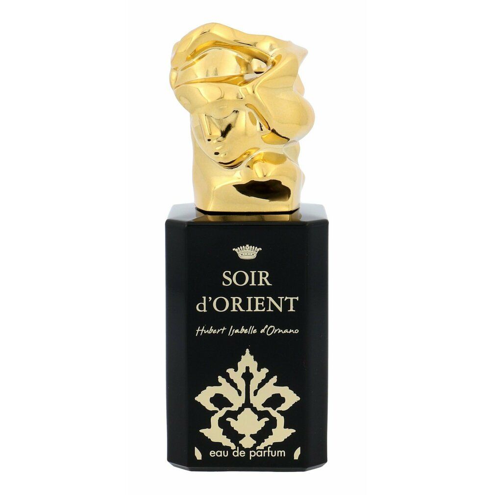 Schwarzer Flakon mit goldenem Kopfaufsatz. Aufschrift: Soir d'Orient, Eau de Parfum. Goldene Verzierungen.
