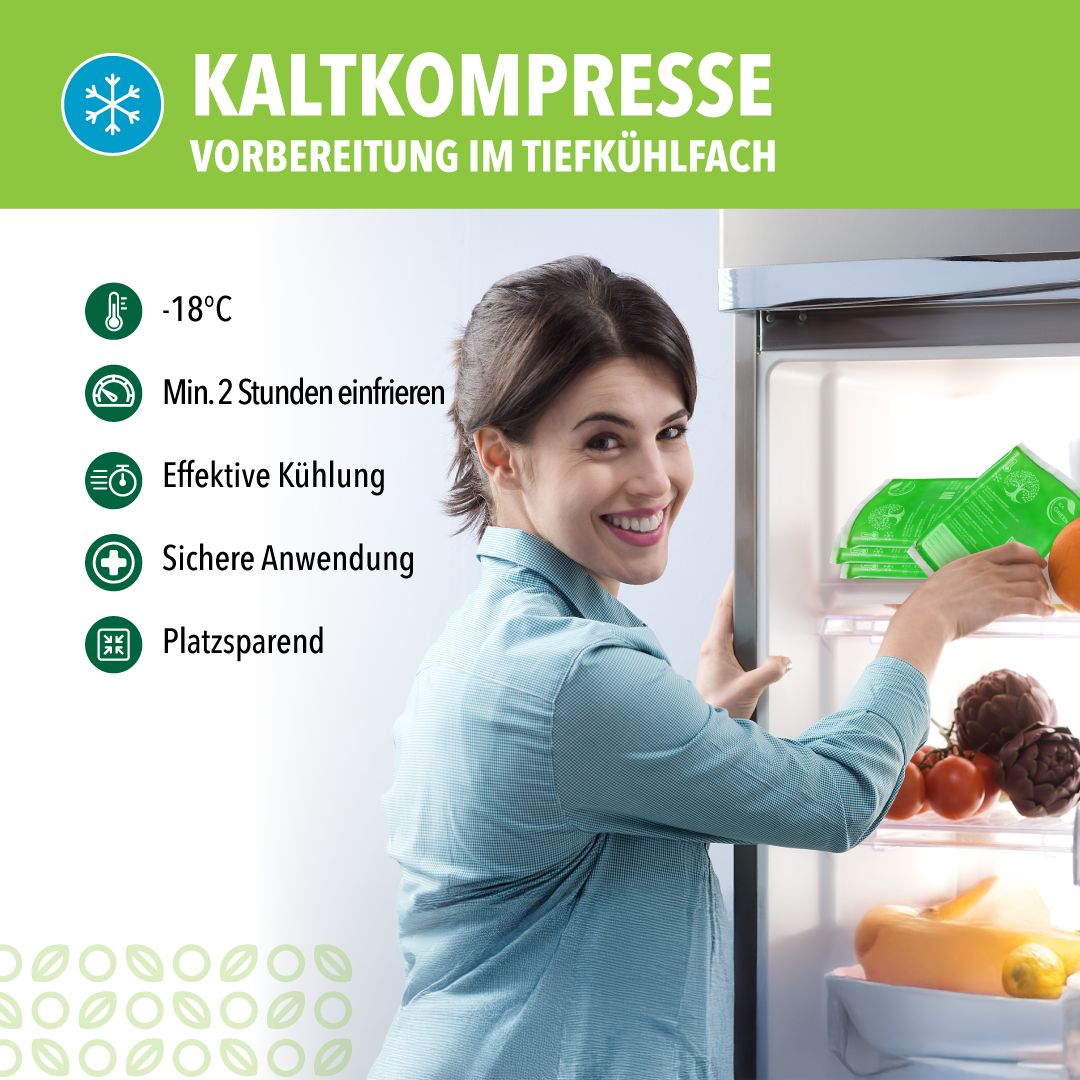 Frau legt Kompressen in Kühlschrank. Text: -18°C, min. 2 Stunden einfrieren, platzsparend.