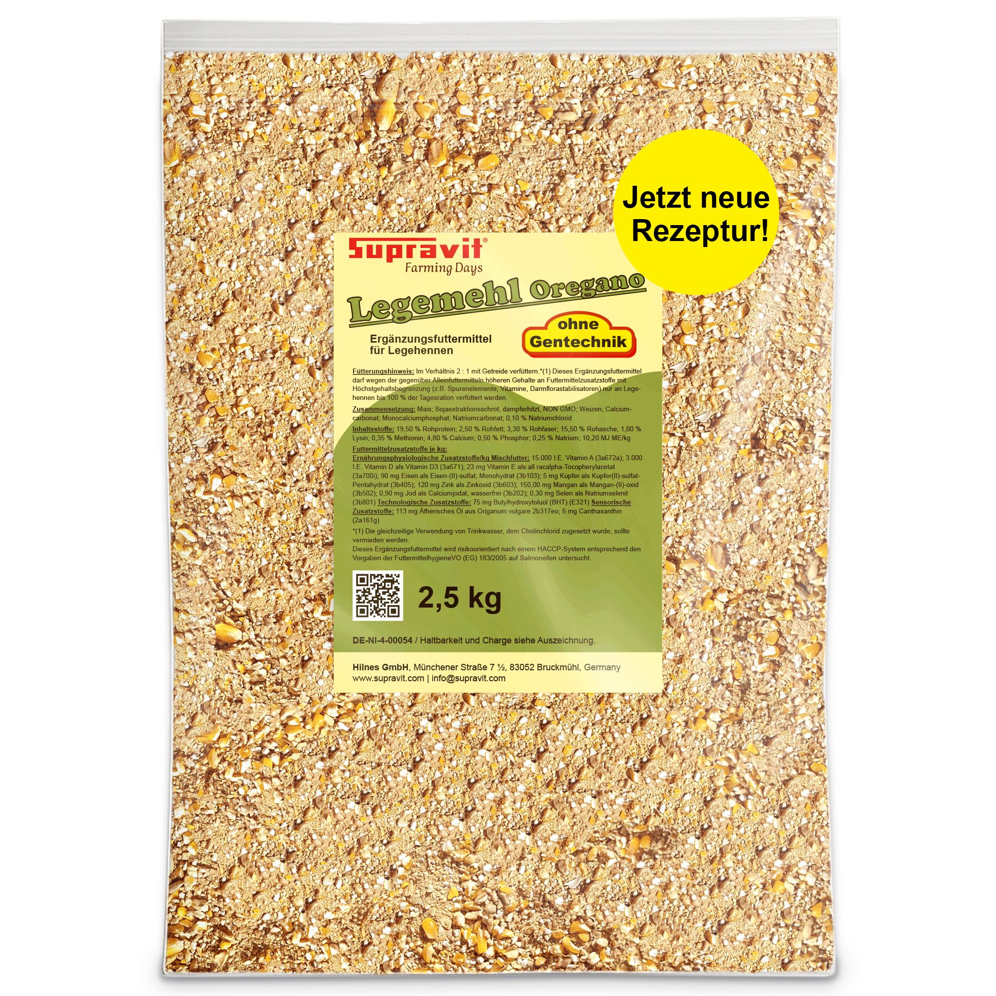 Verpackung von Legemehl Oregano. Text: "2,5 kg", "ohne Gentechnik". Logo: Supravit.
