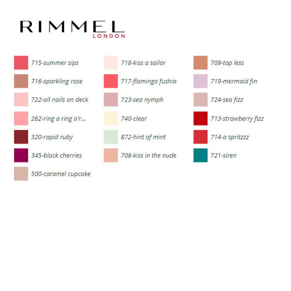 Farbkarte mit Nagellackfarben. Enthält Farbbezeichnungen und Nummern. Marke: Rimmel London. Gezeigt wird die Farbe 740 Clear.