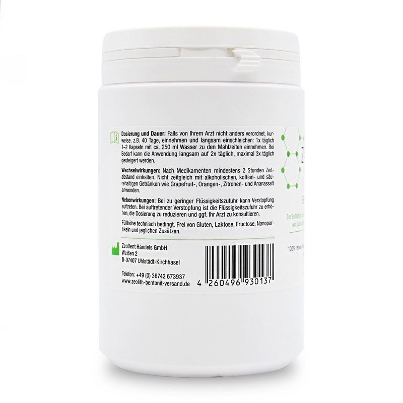 Rückseite der weißen Dose. Text mit Dosierung, Dauer, Nebenwirkungen und weiteren Informationen. Barcode.