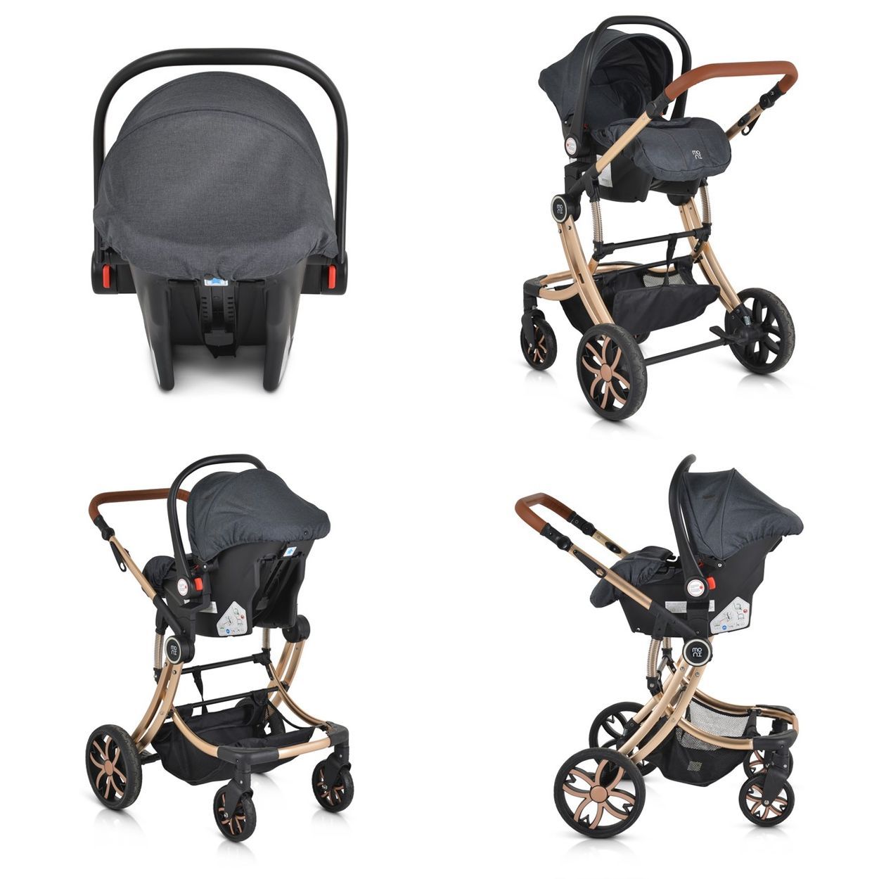 Baby-Autositz auf einem Kinderwagenrahmen in Gold und Schwarz.