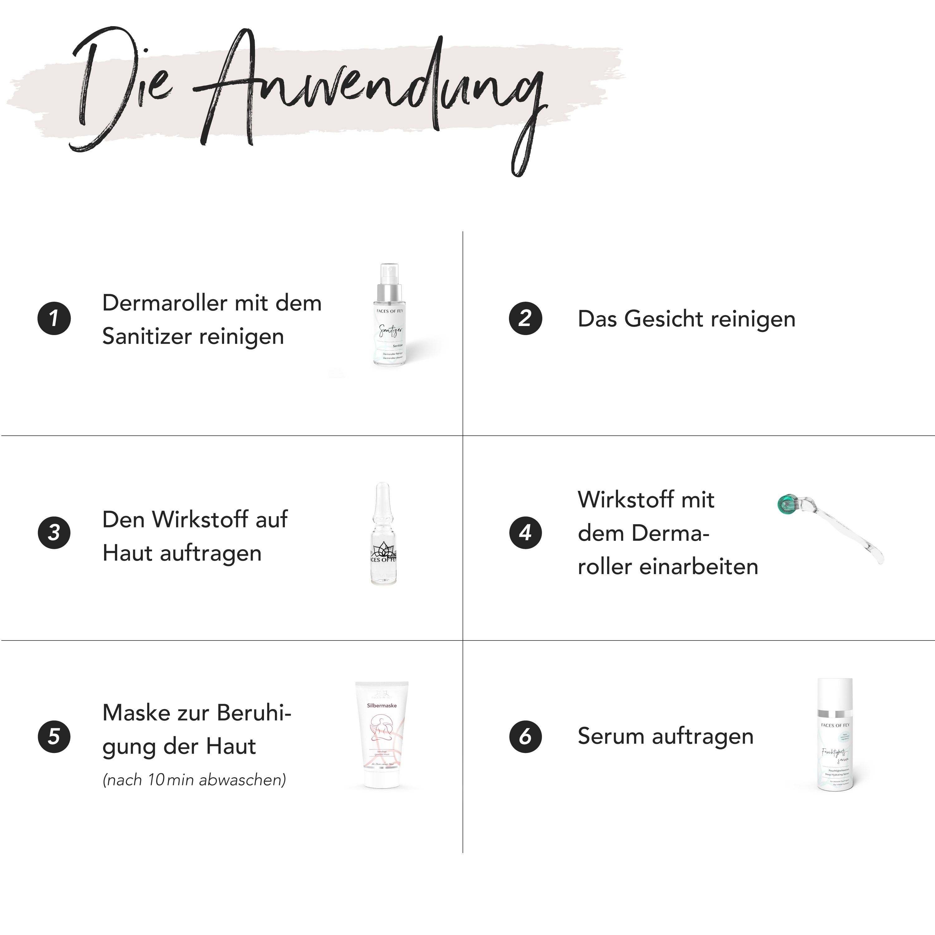 Anwendungsübersicht. Sechs Schritte: Reinigen, Wirkstoff auftragen, Derma-Roller verwenden, Maske, Serum. Produkte und Text.