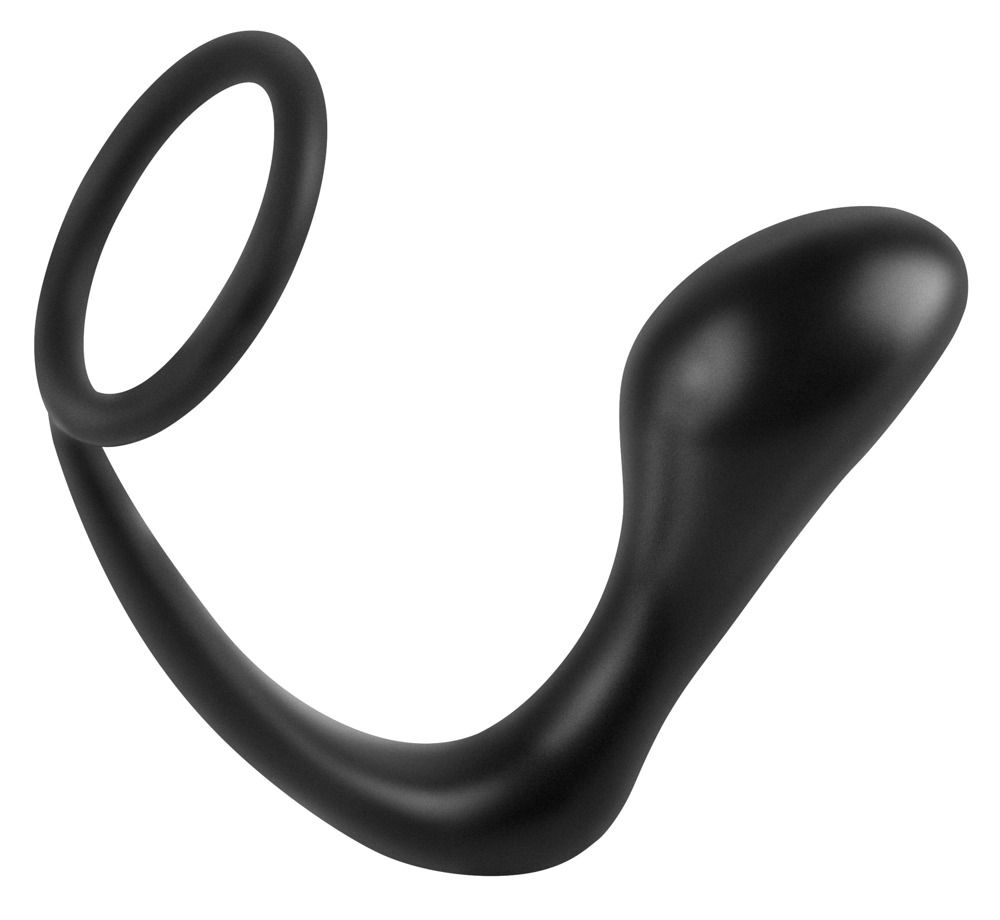 Schwarzes Cockring-Plug aus Silikon. Besteht aus einem Ring und einem länglichen Teil. Auf weißem Hintergrund.