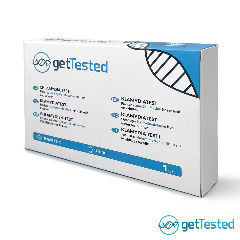 GetTested Chlamydien-Test-Box. Enthält Test für Männer und Frauen. Blaue und weiße Verpackung mit Logo und Produktnamen.