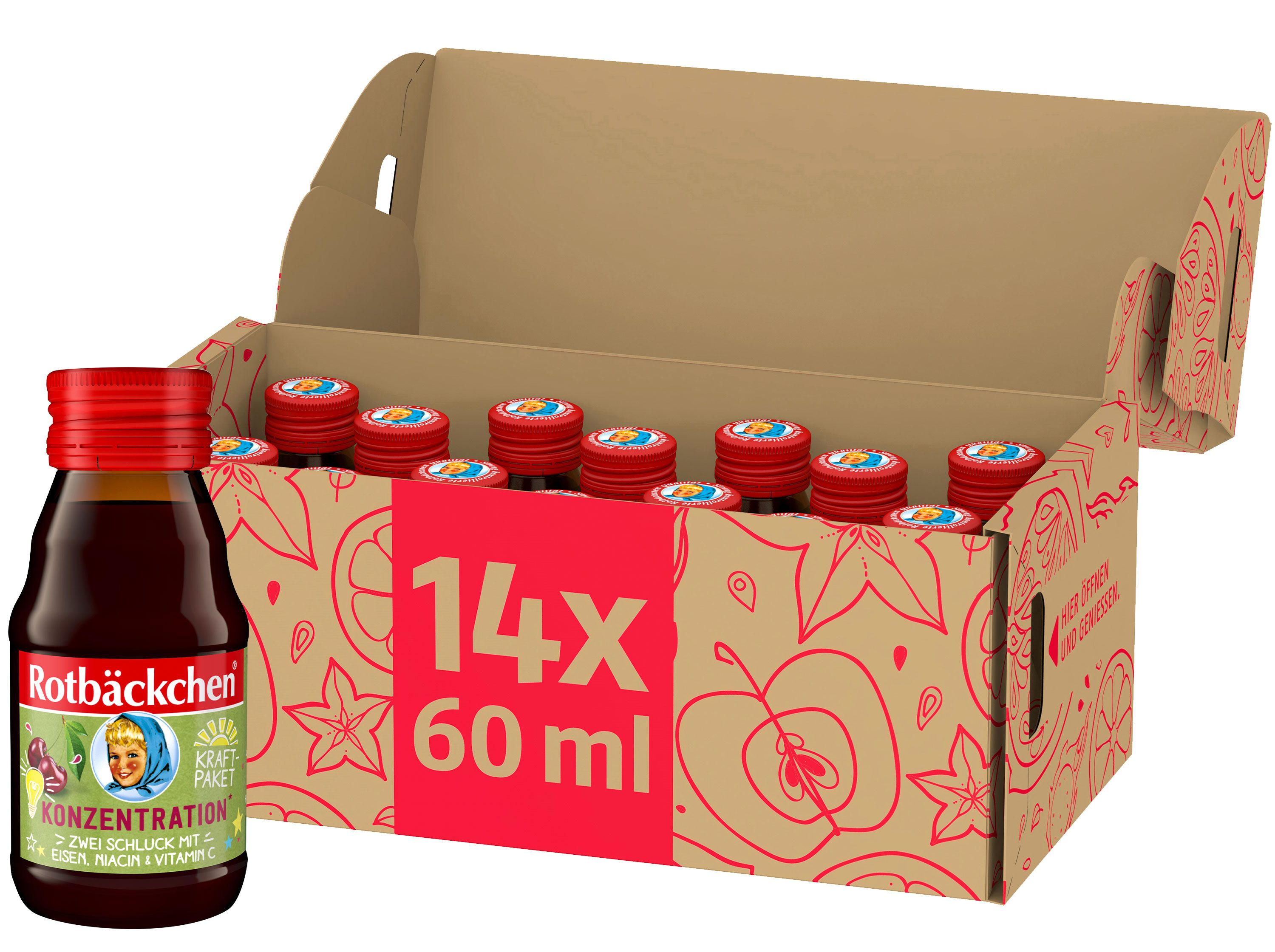 Braune Flaschen mit rotem Deckel und Etikett. In einer geöffneten Pappschachtel mit roter Aufschrift "14x 60 ml".