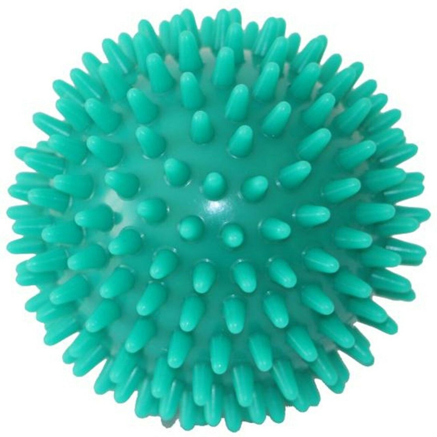 Grüner Massageball mit Noppen. Der Ball hat eine runde Form und viele kleine, spitze Noppen.