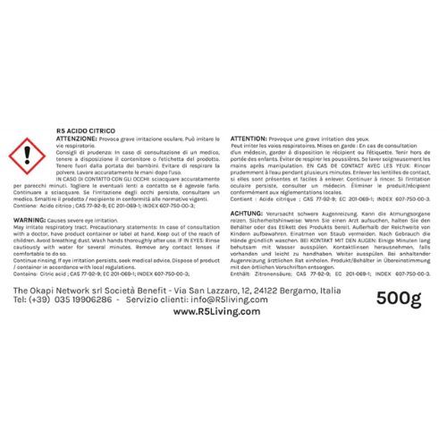 R5 Acido Citrico Polvere Verpackung mit Warnhinweisen und Inhaltsangaben. Text in Italienisch und Deutsch.