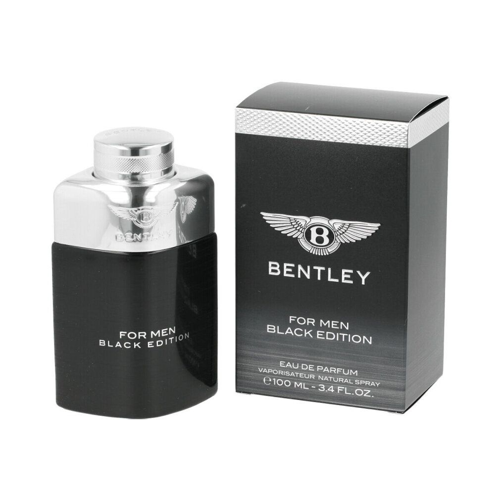Schwarzer Flakon und Verpackung. Aufschrift: Bentley For Men Black Edition. Silberner Deckel.