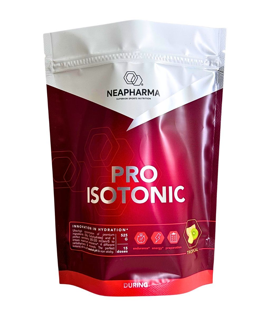 Beutel mit Neapharma Pro Isotonic. Rote und weiße Verpackung. Text: Pro Isotonic, Tropical, 15 Dosen.