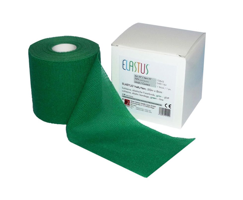 Grüne, elastische Fixierbinde, teilweise abgerollt. Neben einer weißen Verpackung mit dem Logo "ELASTUS". CE-Kennzeichnung.