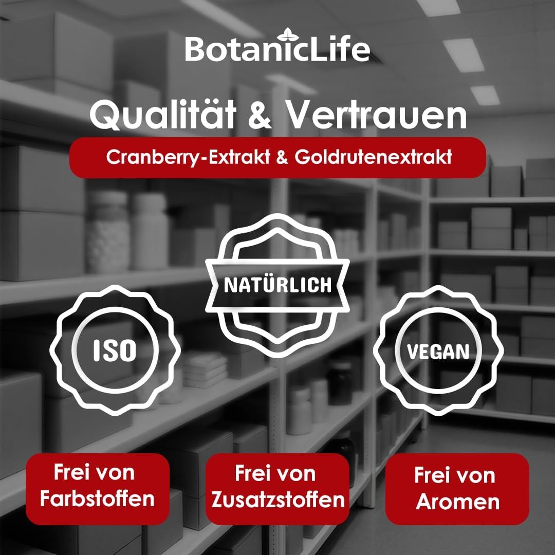 Regale mit Produkten. Logos: ISO, natürlich, vegan. Frei von Farbstoffen, Zusatzstoffen, Aromen. "BotanicLife"-Logo.