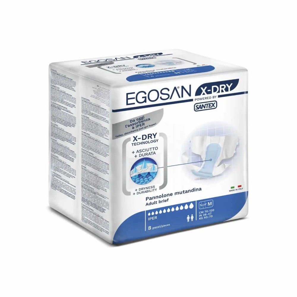 Verpackung von Egosan X-Dry Inkontinenzhose. Enthält 8 Stück. Aufdrucke: X-Dry Technology, Adult Brief, Größe M. Marke: Egosan.