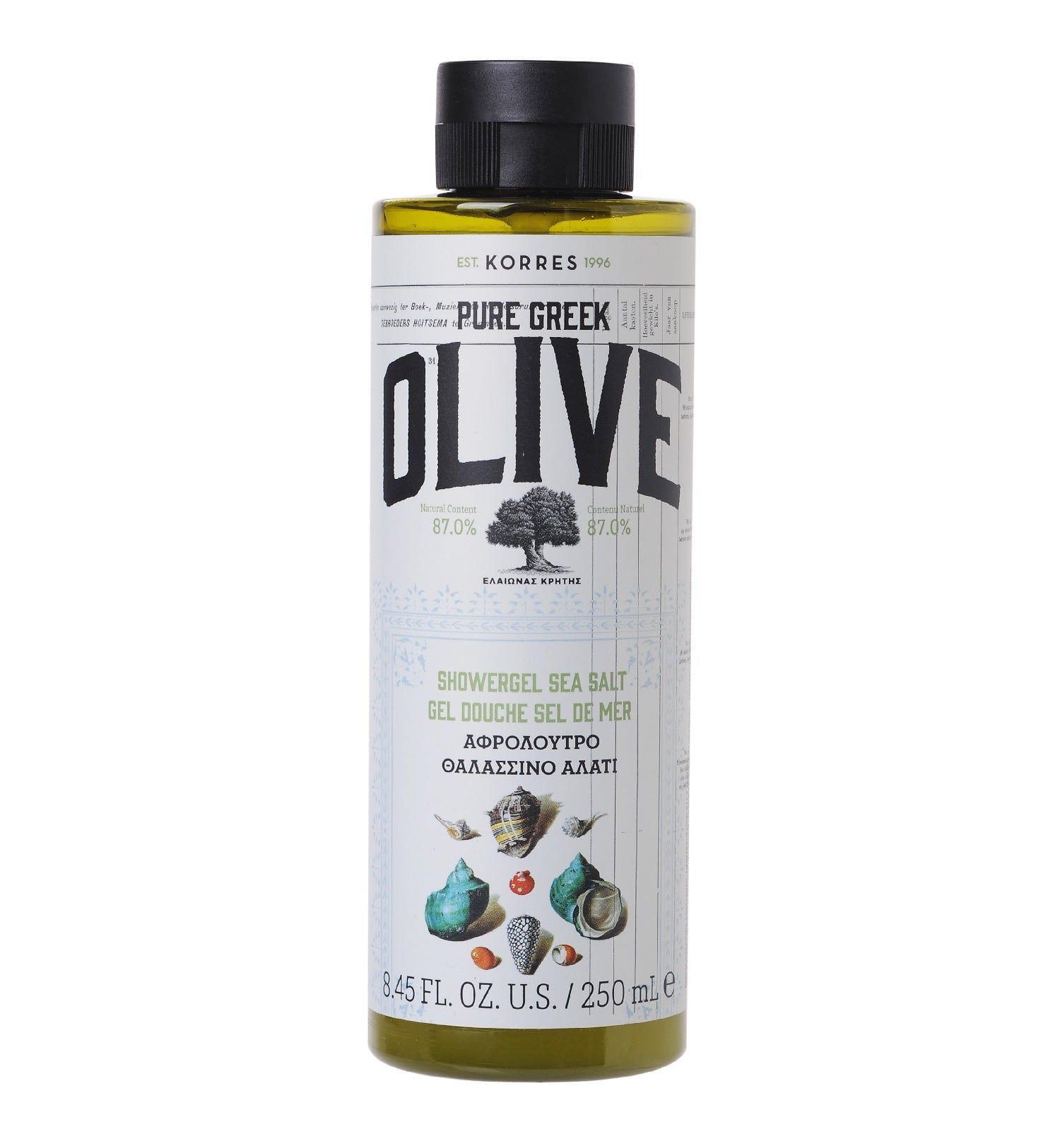 KORRES Duschgel. Olive & Sea Salt. Grüne Flüssigkeit in transparenter Flasche. Schwarzer Deckel. Produkt steht.