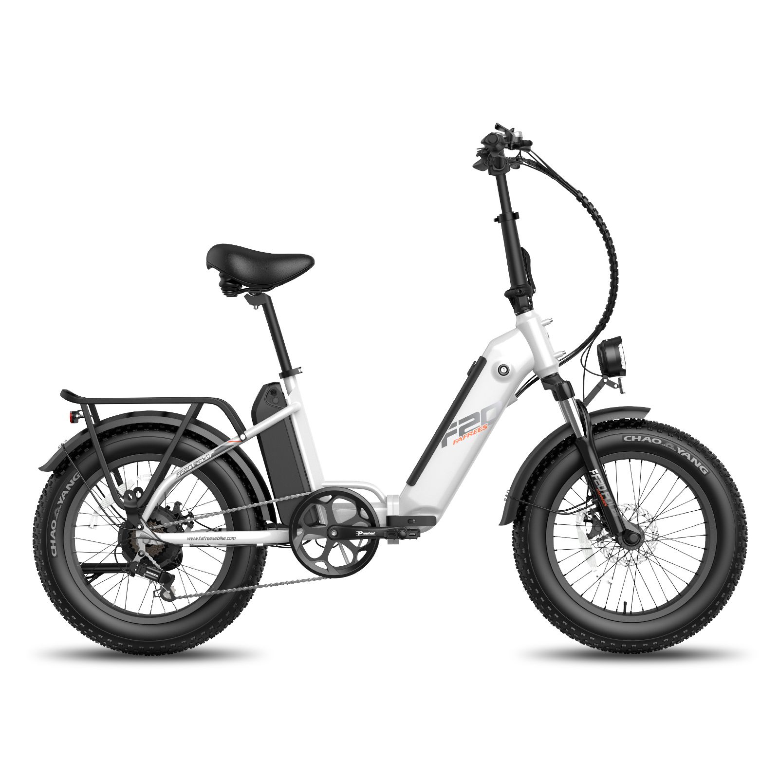 Faltbares E-Bike, weiß, mit schwarzen Reifen und Gepäckträger. F20-Logo sichtbar. Schwarzer Sattel und Lenker.