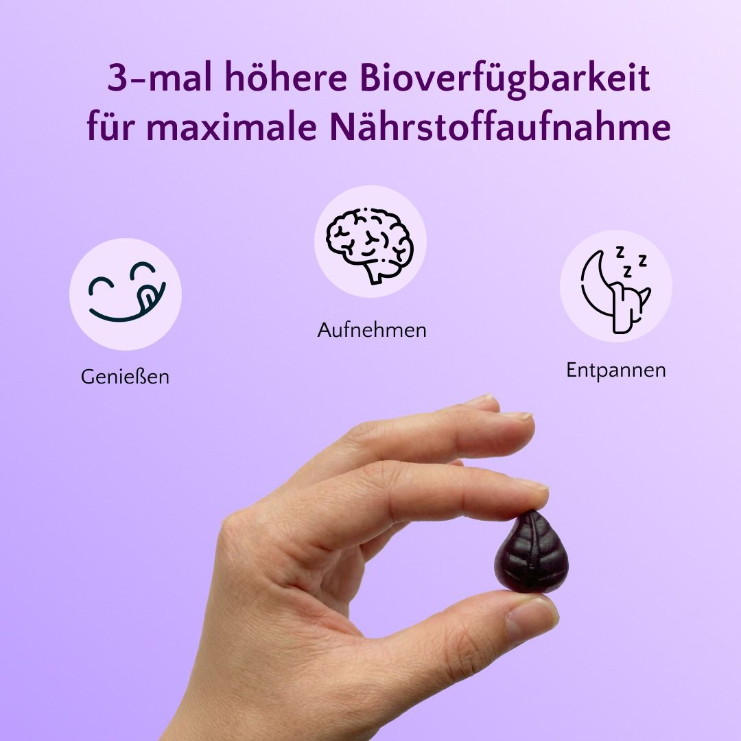 Hand hält eine Blatt-förmige Forte Natura Schlaf Forte Gummy. Icons für Genuss, Aufnahme und Entspannung.