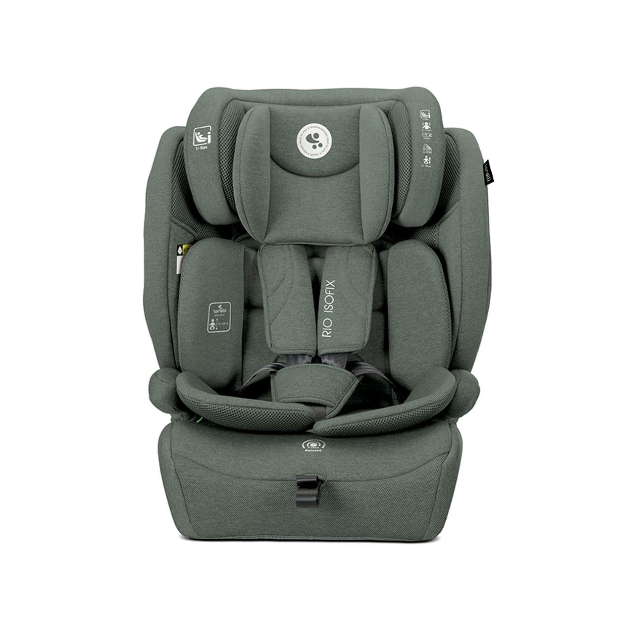 Grauer Kindersitz mit ISOFix-Befestigung und verstellbarer Kopfstütze. Zubehörteile.