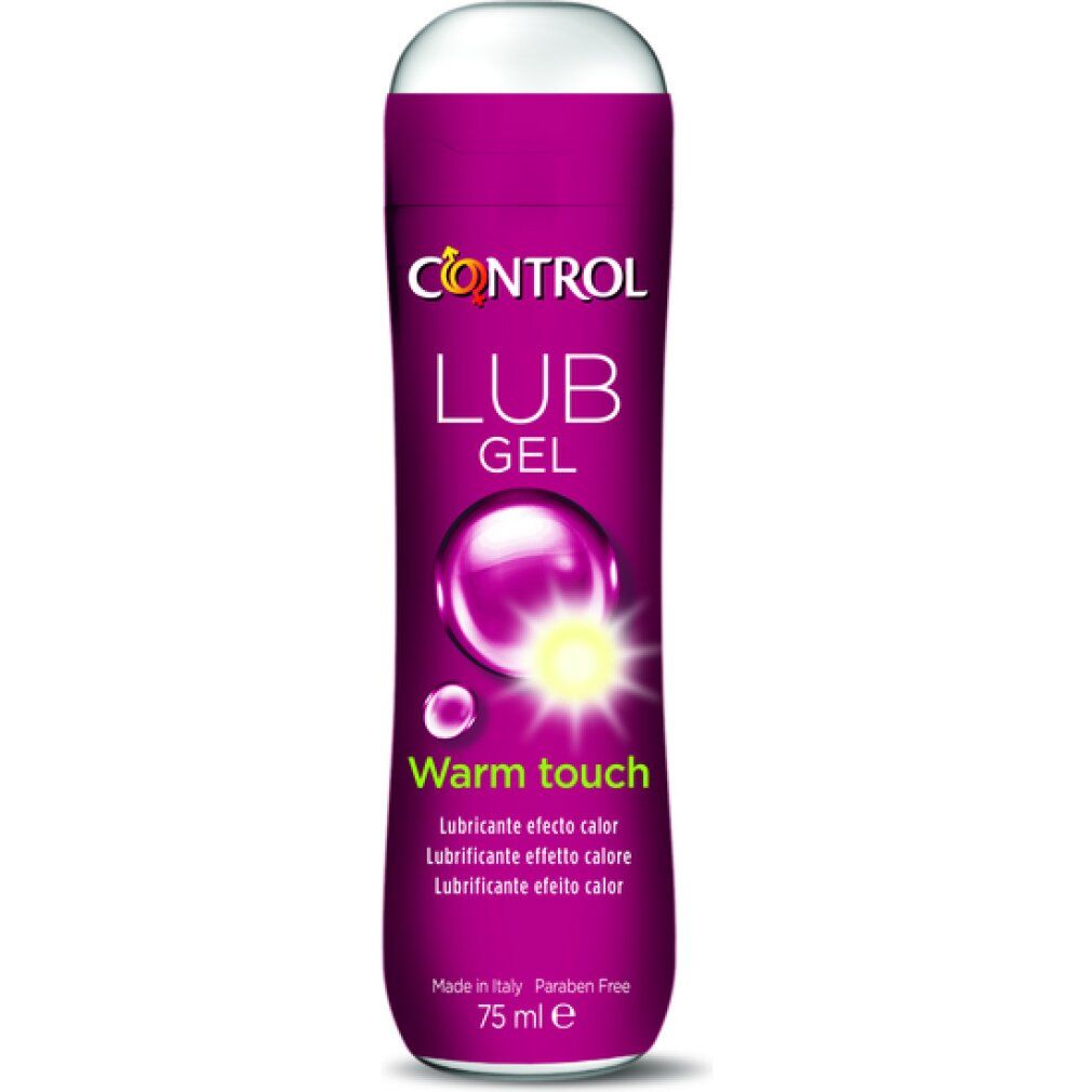 Zylindrische Flasche mit "CONTROL LUB GEL". Text: "Warm touch". Farbe: Lila. Mit weißem Deckel. 75 ml.