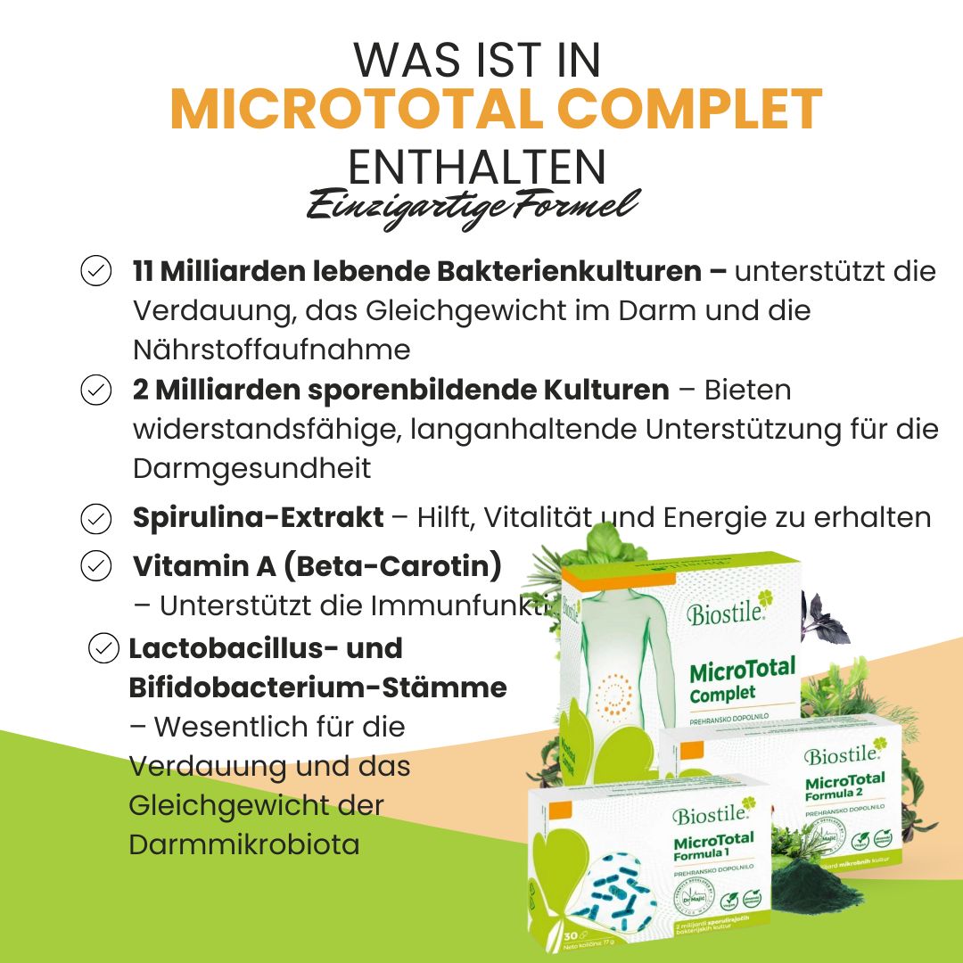 Drei Schachteln Biostile MicroTotal Komplett. Text: Was ist in MicroTotal Komplett enthalten? Formel mit Bakterienkulturen, Spirulina und Vitamin A.