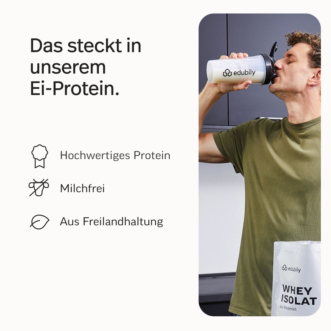 Mann trinkt Ei-Proteinshake. Hochwertiges Protein, milchfrei, aus Freilandhaltung.