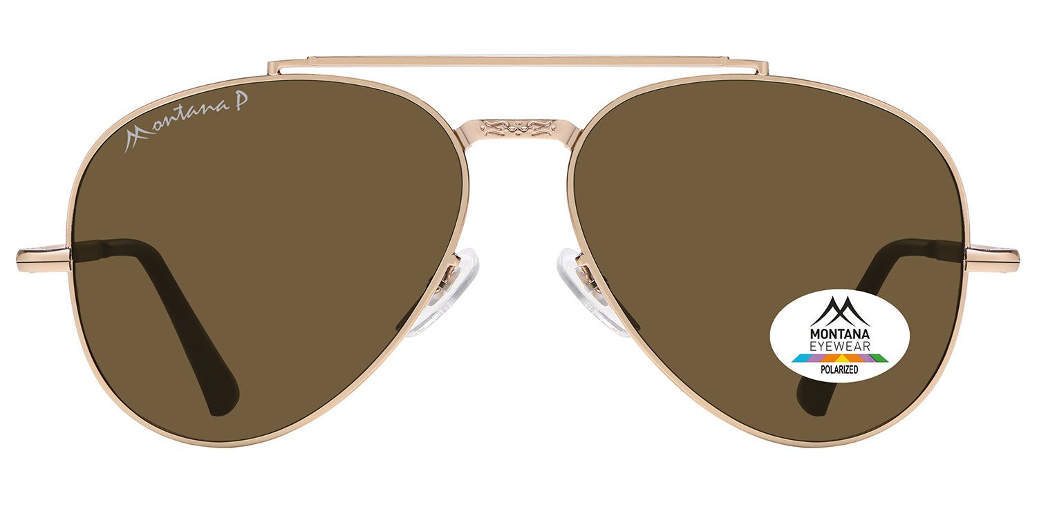 Goldfarbene Sonnenbrille mit braunen Gläsern. Montana Eyewear Logo auf dem Glas. Polarisierte Gläser. Aviator-Form.