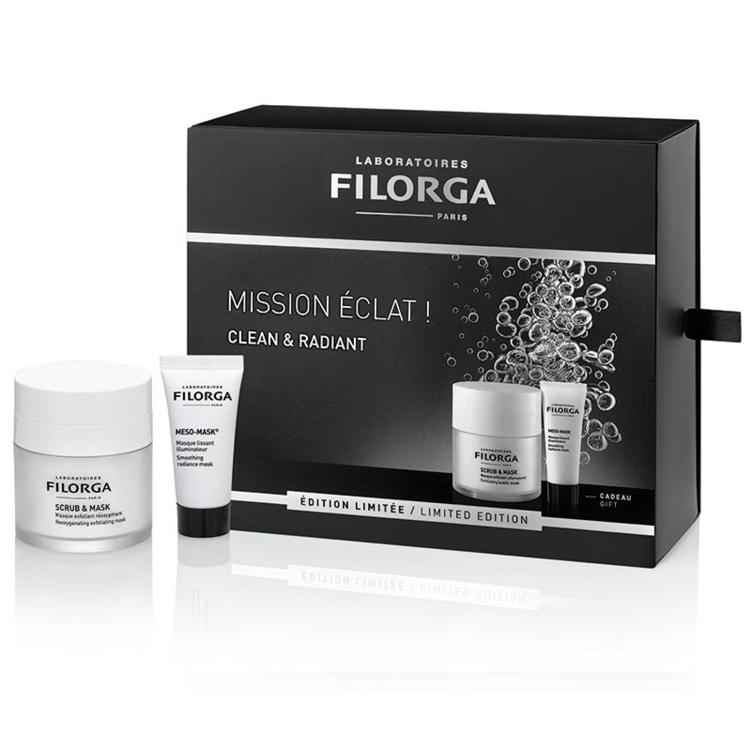 Geschenkset mit Filorga-Produkten. Schwarze Box mit Schriftzug "MISSION ÉCLAT !" und Produktabbildungen. Enthält Scrub & Mask und Meso-Mask.